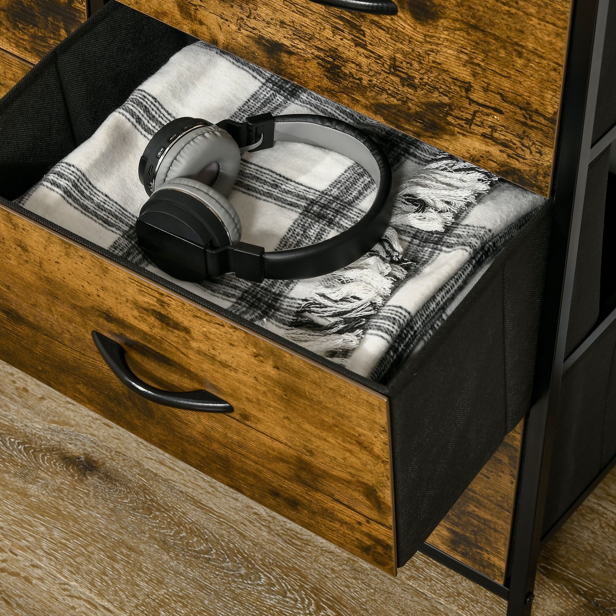 Kozy Bedroom Chest of Drawers, Industrial 5 Fabric Drawer Dresser with Open Shelf for Living Room, Rustic Brown