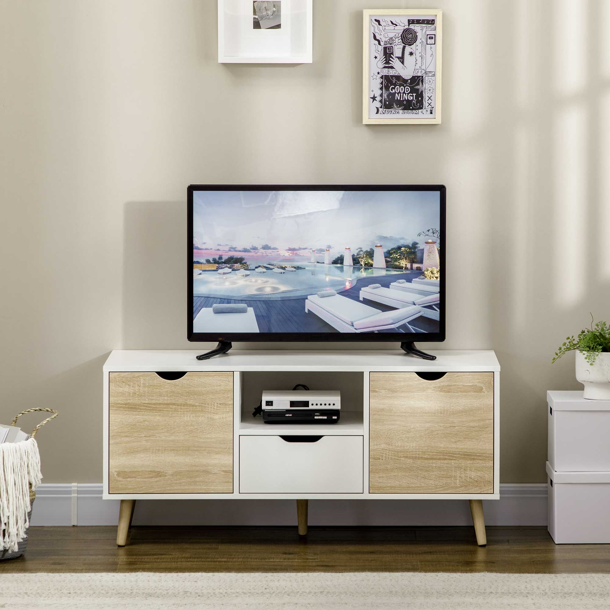 Kozy TV Unit Cabinet for TVs up to 50 Inches, TV Stand with Storage Cabinets and Drawer for Living Room and Bedroom, Natural