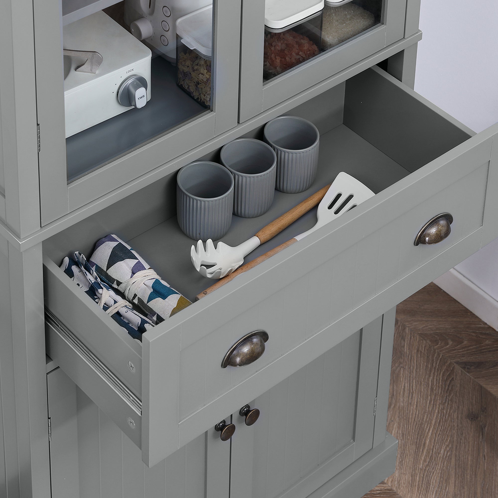 Kozy 180cm Tall Kitchen Pantry Cupboard, Freestanding Storage Cabinet with 5 Tier, Adjustable Shelves,  Drawer, Grey