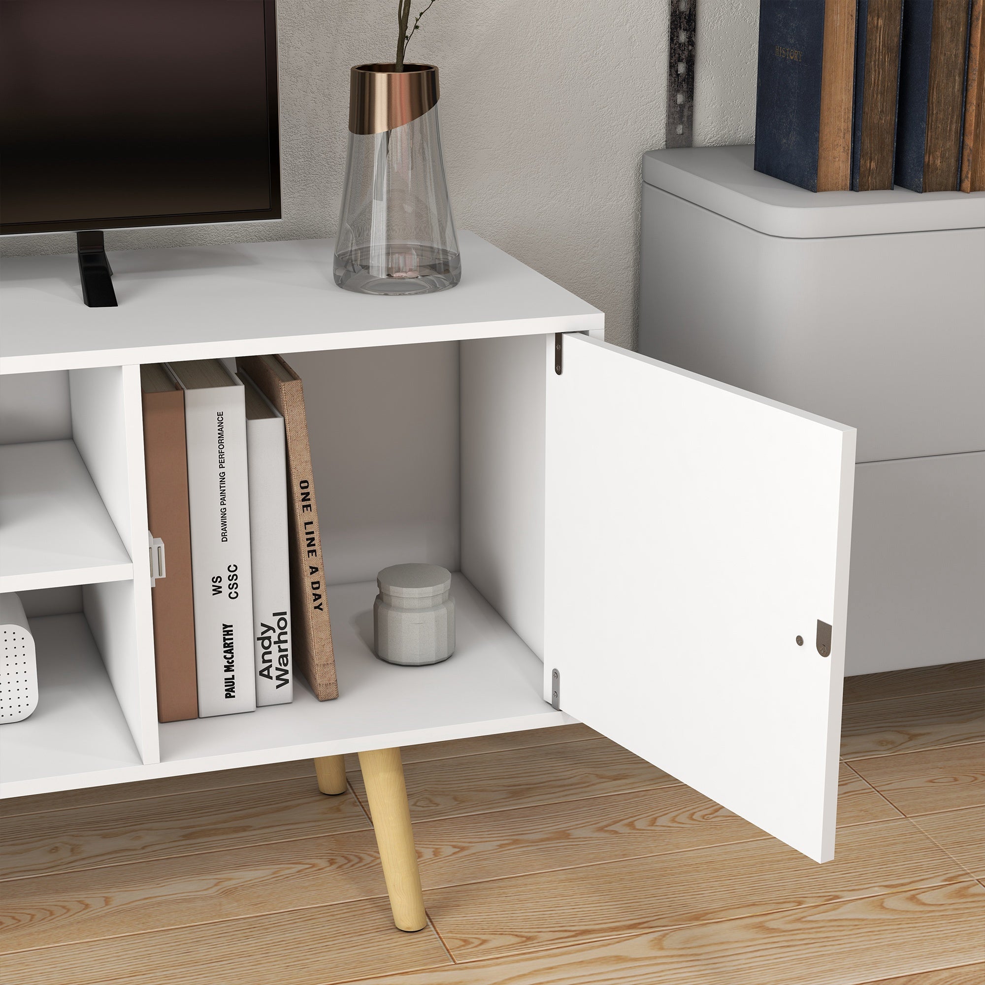 Kozy TV Stand Cabinet up to 55 Inches, TV Unit with Storage Shelves and Wood Legs for Living Room, Bedroom, White