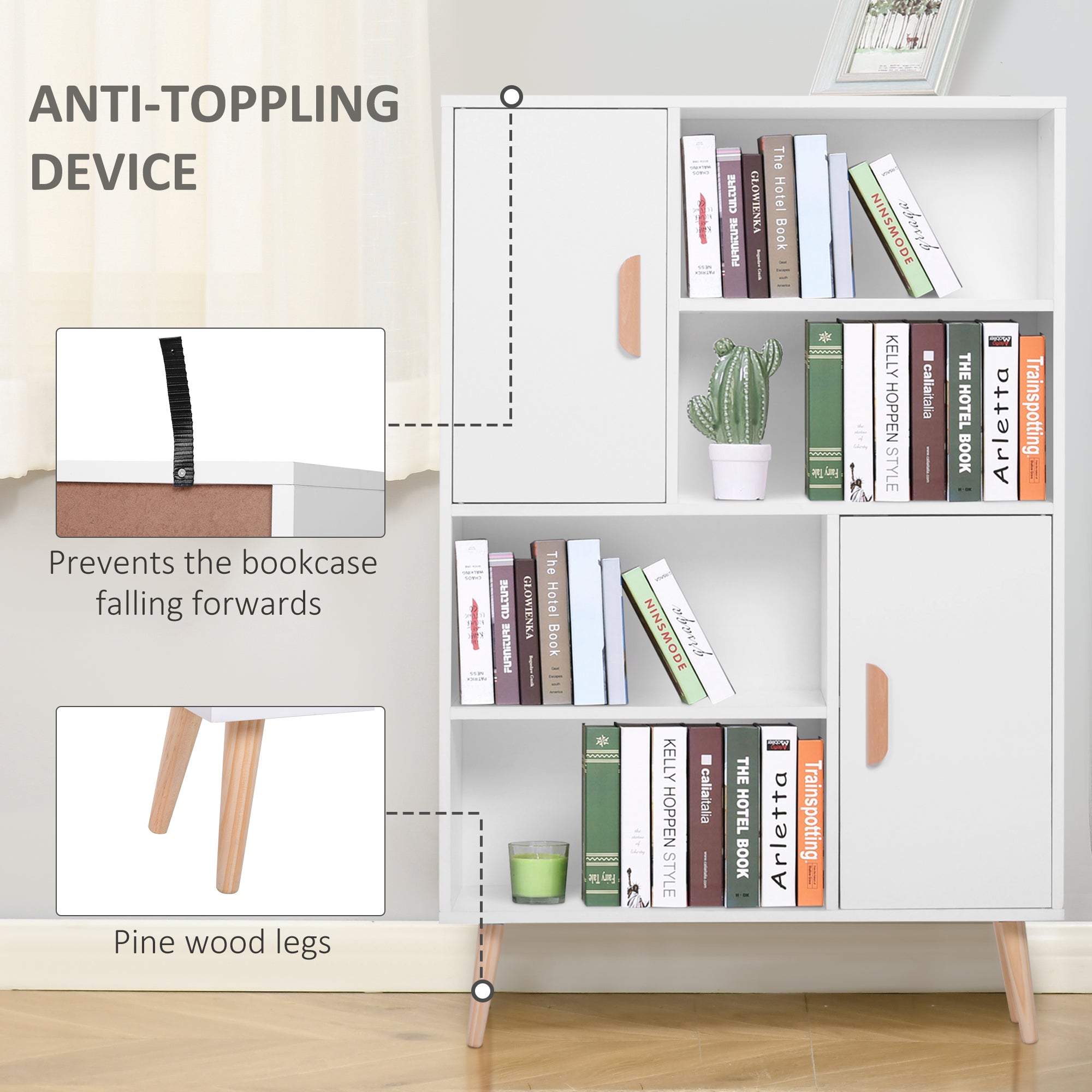 HOMCOM Sideboard Bookshelf Free Standing Bookcase Shelves Unit Display Storage Cabinet Wooden Leg w/ Two Doors White