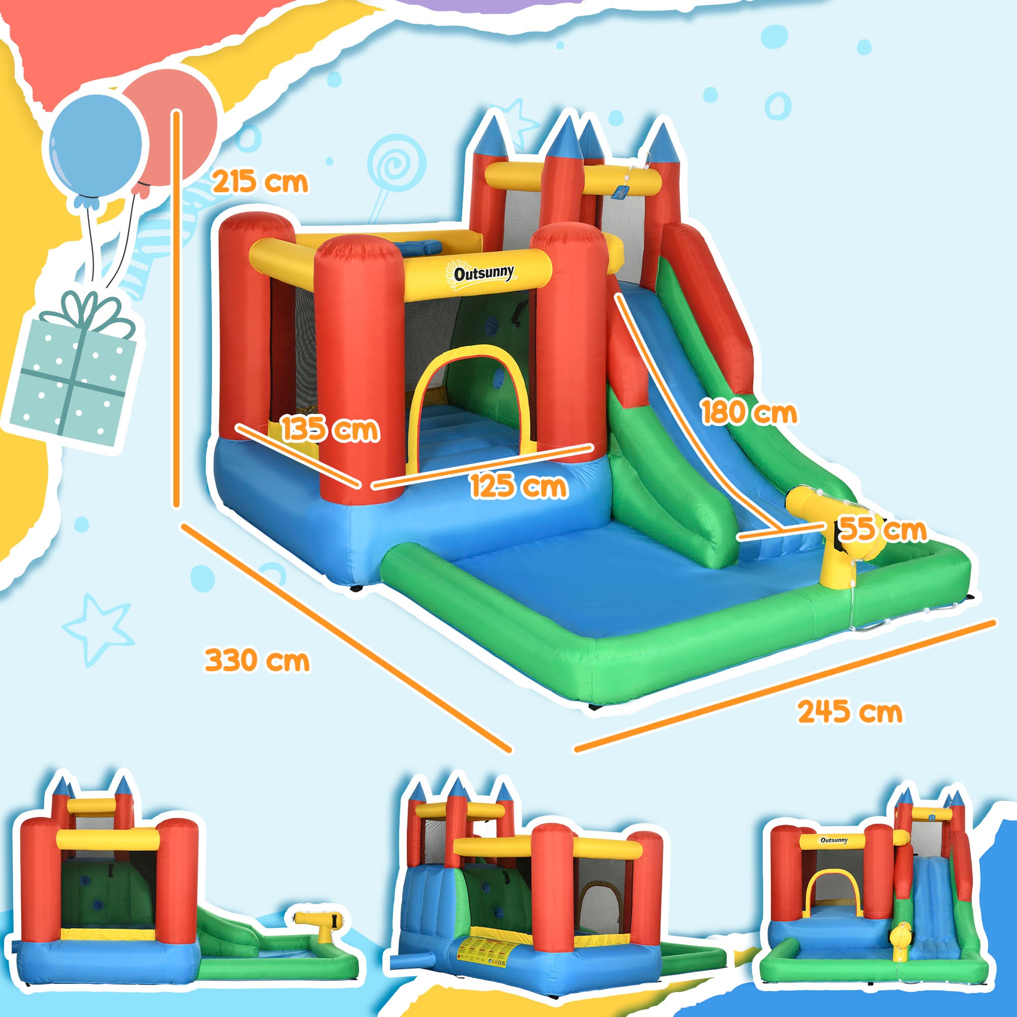 Kozy Kids Inflatable Bouncy Castle Water Slide 6 in 1 Bounce House Jumping Castle Water Pool Gun Climbing Wall Basketball Hoop with Air Blower for Summer Playland