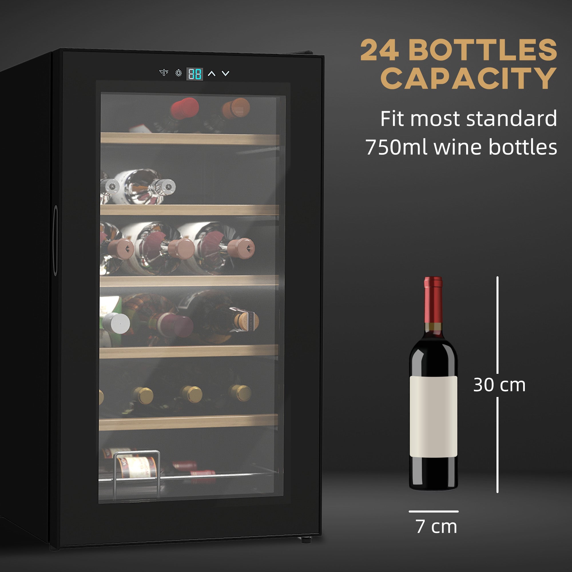 Kozy 24 Bottle Wine Fridge, 65 Litre Capacity, 43cm Freestanding Wine Cooler Fridge with Glass Door, LED Light, Digital Touch Screen, Temperature Control, Black