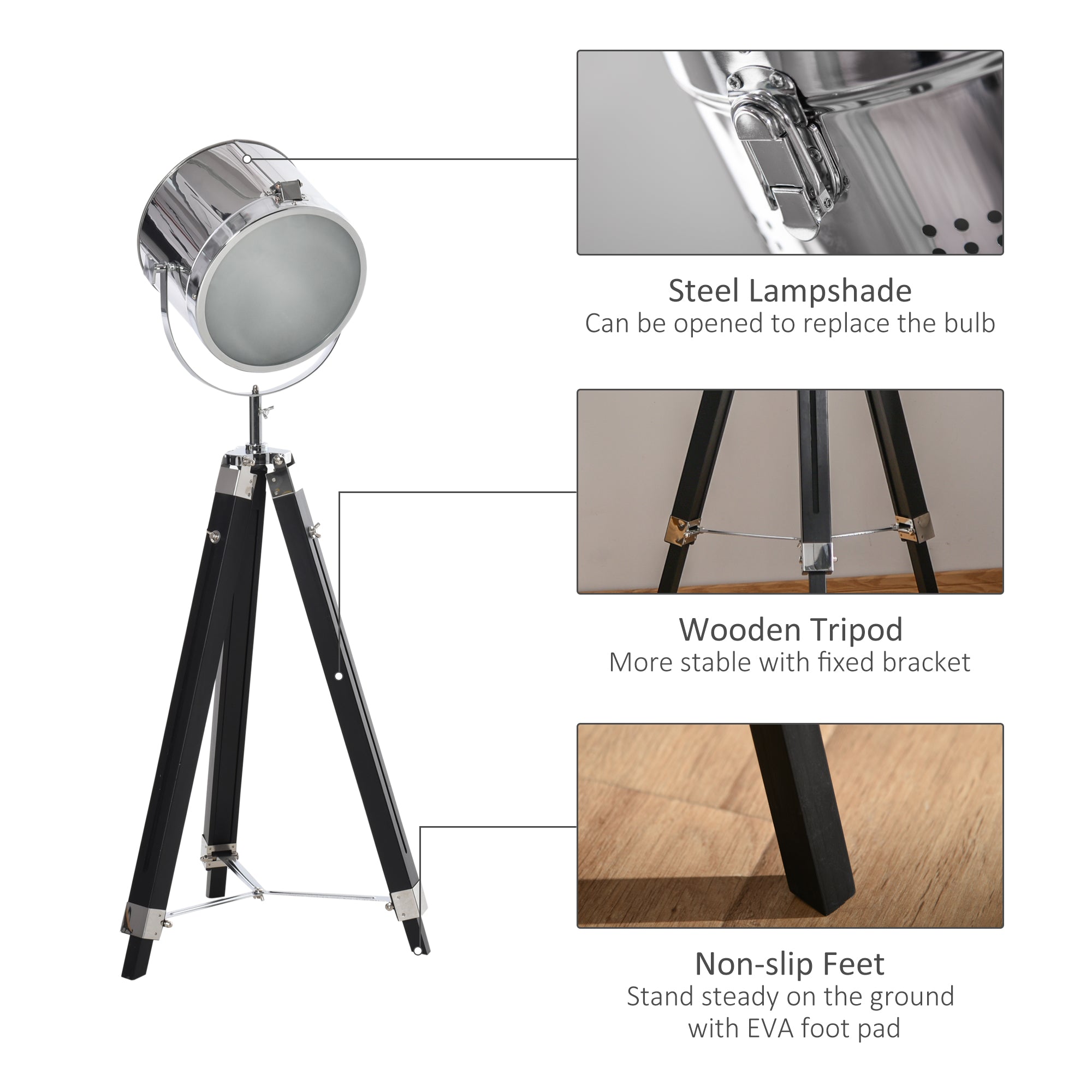 Kozy Industrial Style Adjustable Tripod Floor Lamp, Searchlight Lamp with Wooden Legs and Steel Lampshade, 110-155cm, Black