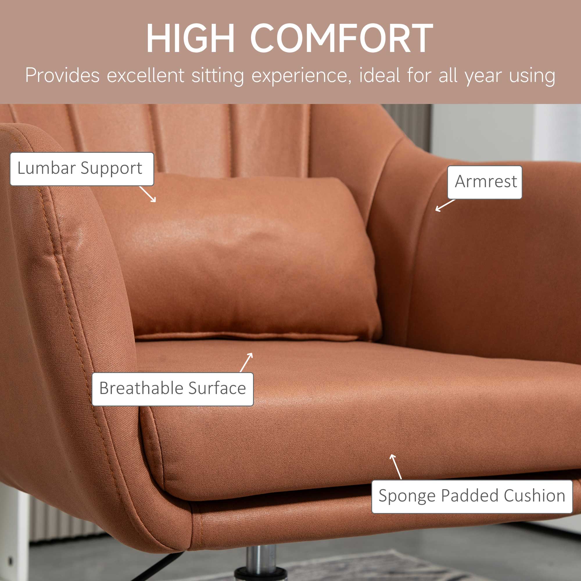HOMCOM Swivel Accent Chair for Living Room Contemporary Vanity Armchair with Adjustable Height Thick Cushion Lumbar Support Armrest for Bedroom Office Brown