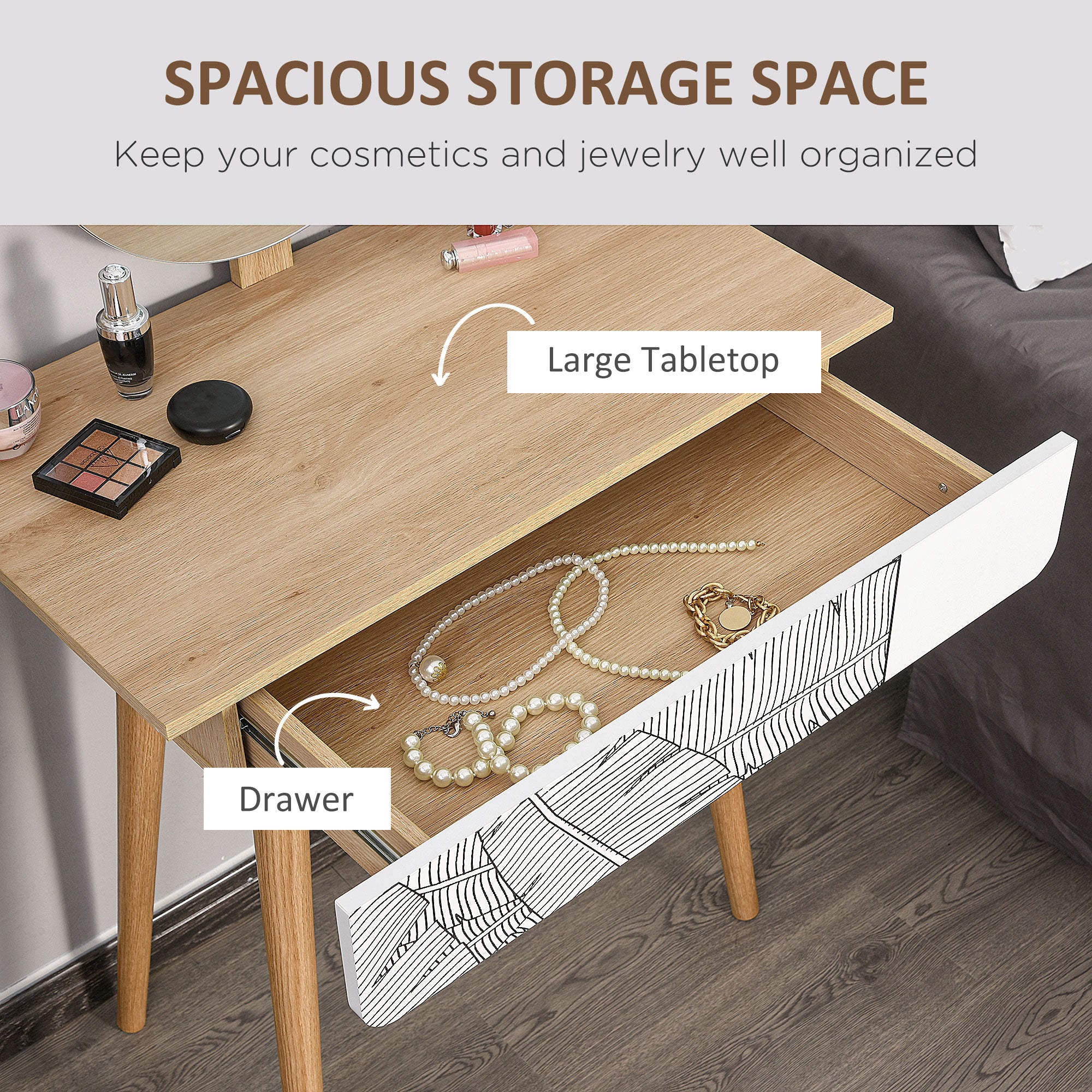 Kozy Dressing Table with Drawer and Mirror height adjustable Wooden Oak Color  Bedroom Dressing Room Elegant and Durable