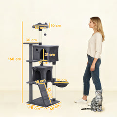 Kozy 160cm Large Cat Tree Tower with Sisal Scratching Posts, Condos, Plush Perches, Hammock, Ladder, Dark Grey