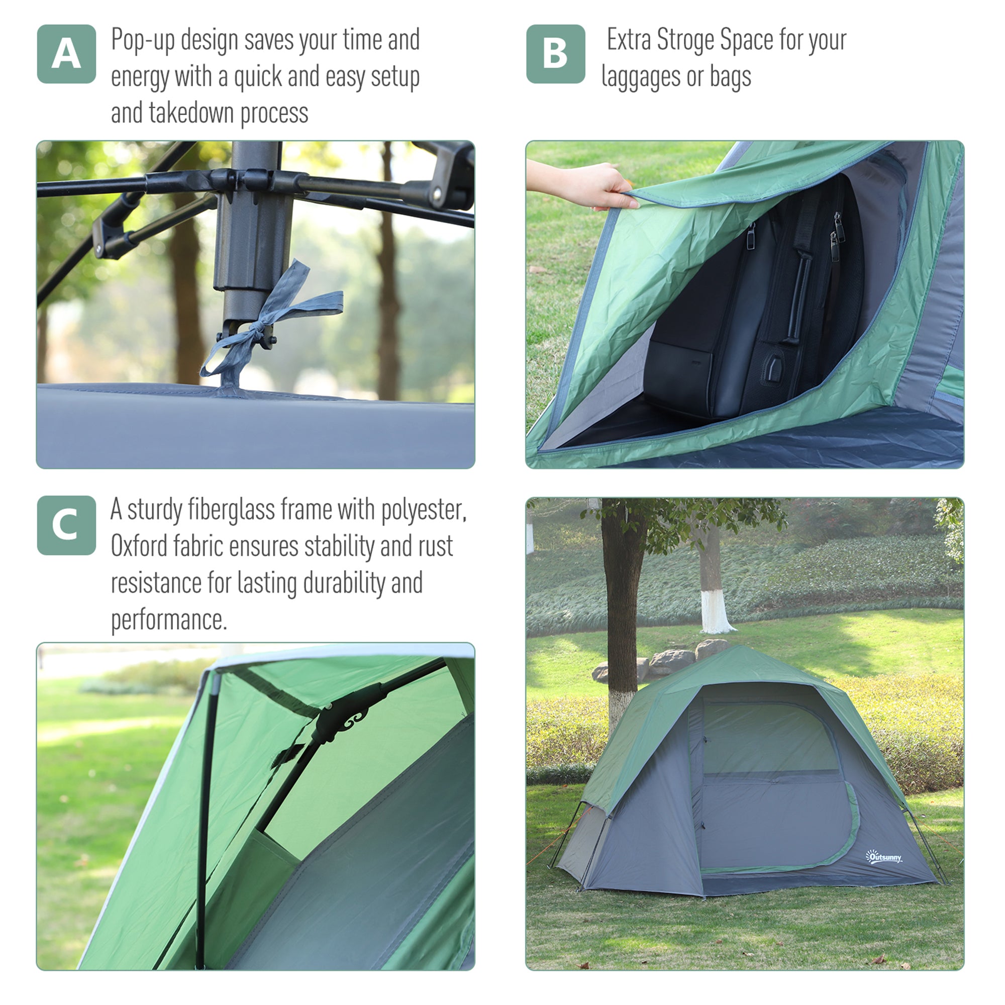 Outsunny Lightweight Camping Tent, 3/4 Person, Fibreglass Frame, Waterproof, Green