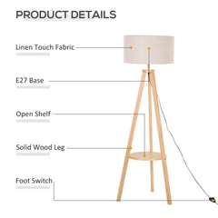Kozy Tripod Floor Lamp, Freestanding Bedside Light Reading Light with Storage Shelf and Linen Shade for Living Room Bedroom, 154cm, Cream