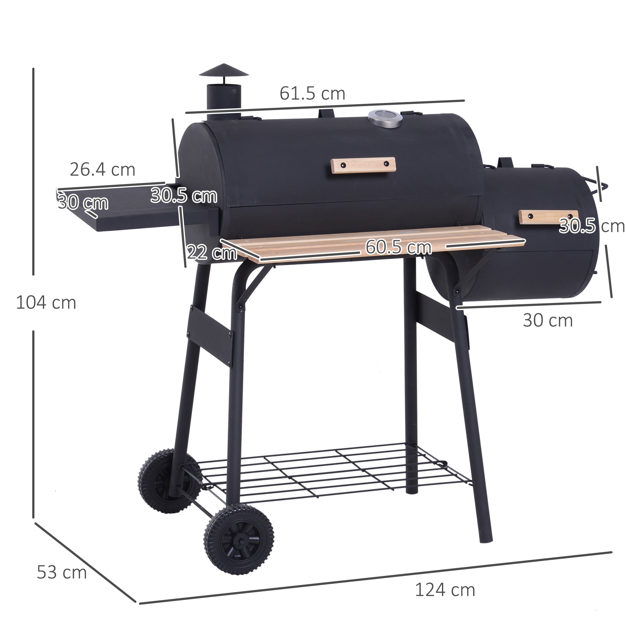 Outsunny Charcoal Barbecue Grill Garden Portable BBQ  Trolley w/ Offset Smoker Combo, Handy Shelves and On