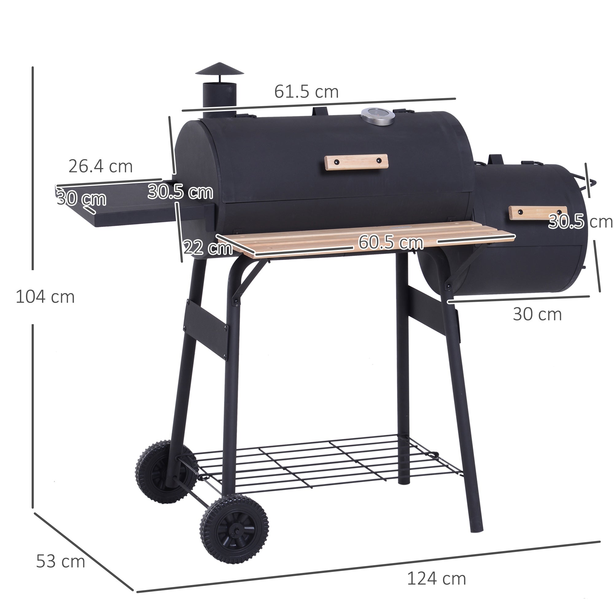Kozy Portable Charcoal BBQ Grill, Cold-rolled Steel, Solid Wood, 104H x 124L x53W cm-Black