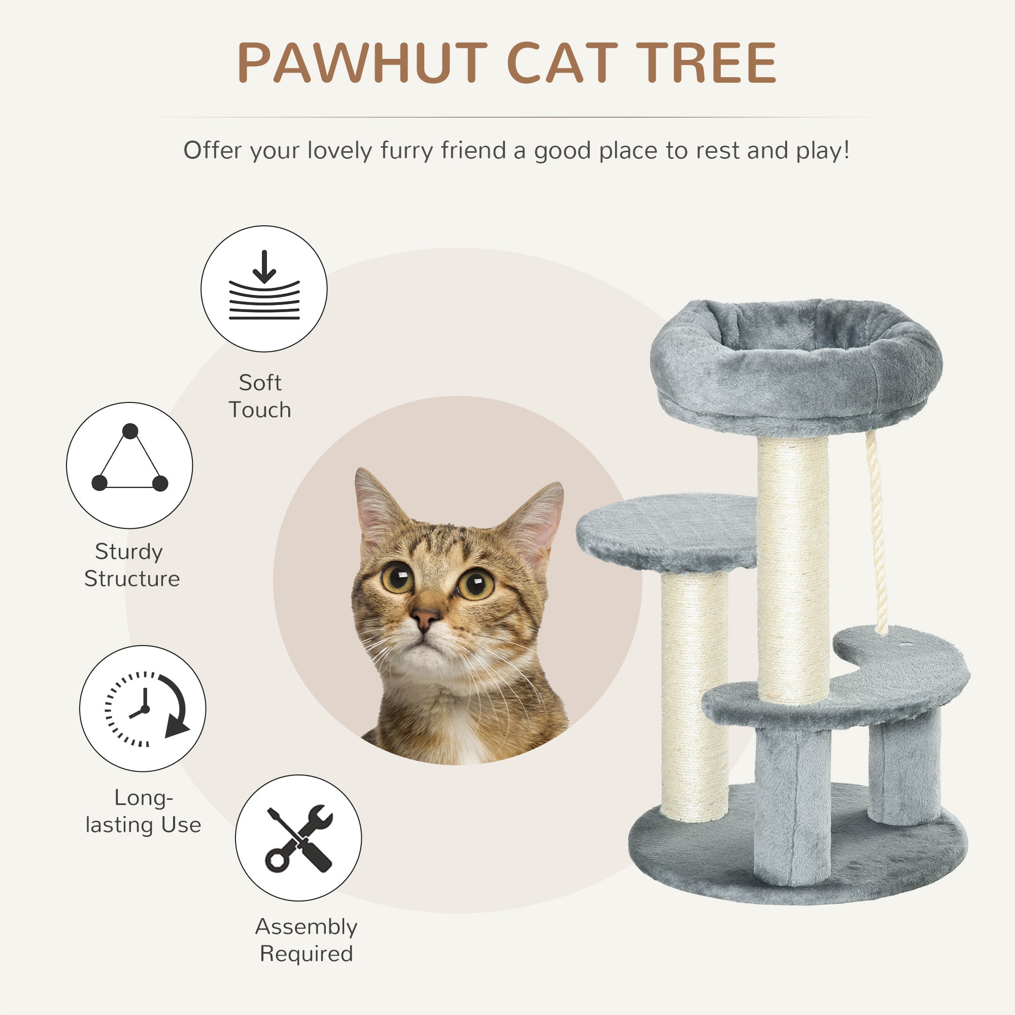 PawHut Cat Tree 65 cm, Kitty Scratcher, Kitten Activity Centre with 2 Perches & Hanging Sisal Rope, Grey