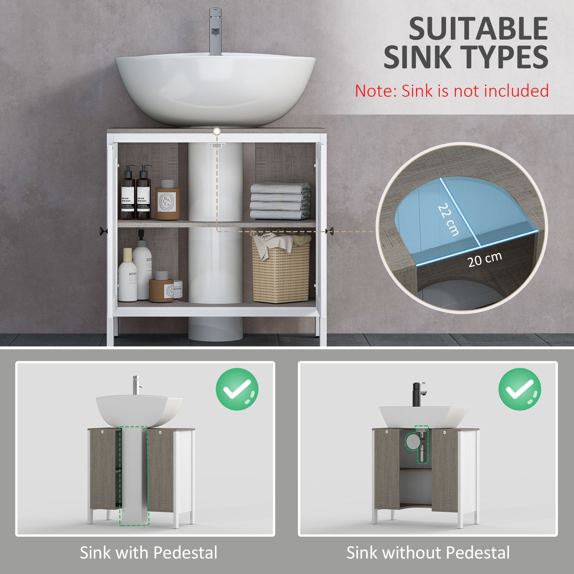 Kozy Modern Bathroom Sink Cabinet, Floor Standing Under Sink Cabinet, Freestanding Storage Cupboard with Adjustable Shelf, Double Doors, Antique White