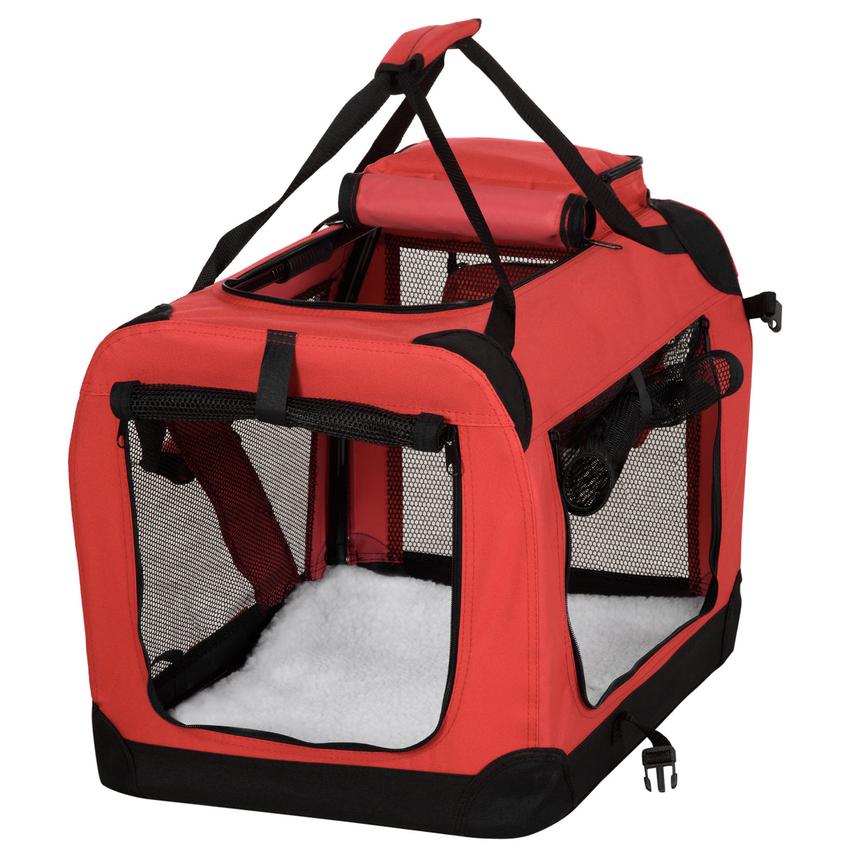 Kozy Foldable Pet Carrier for Small and Miniature Dogs, Portable Cat Carrier Soft Side Pet Travel Crate with Removable Mat, Storage Bags, Breathable Mesh Window 60 x 42 x 42cm - Red