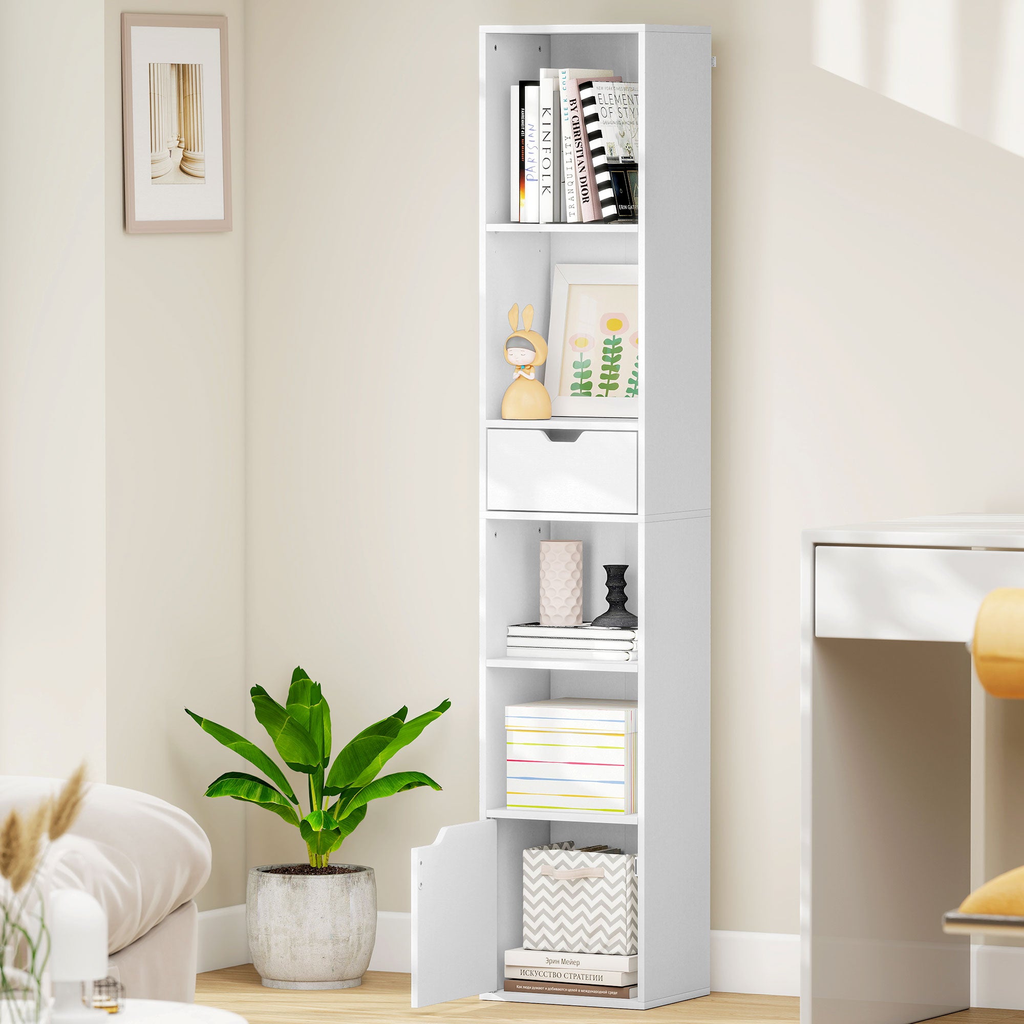 Kozy 6-Tier Bookcase, Tall Narrow Bookshelf with Drawer and Door - White