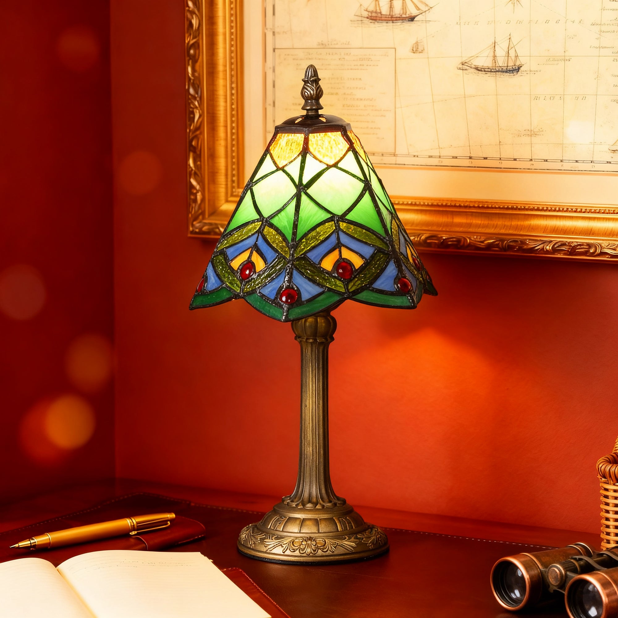 Kozy Tiffany-Style Table Lamp with Geometric Patterns, Handcrafted Antique Stained Glass Bedside Lamp for Living Room and Bedroom, E27 Socket, Green