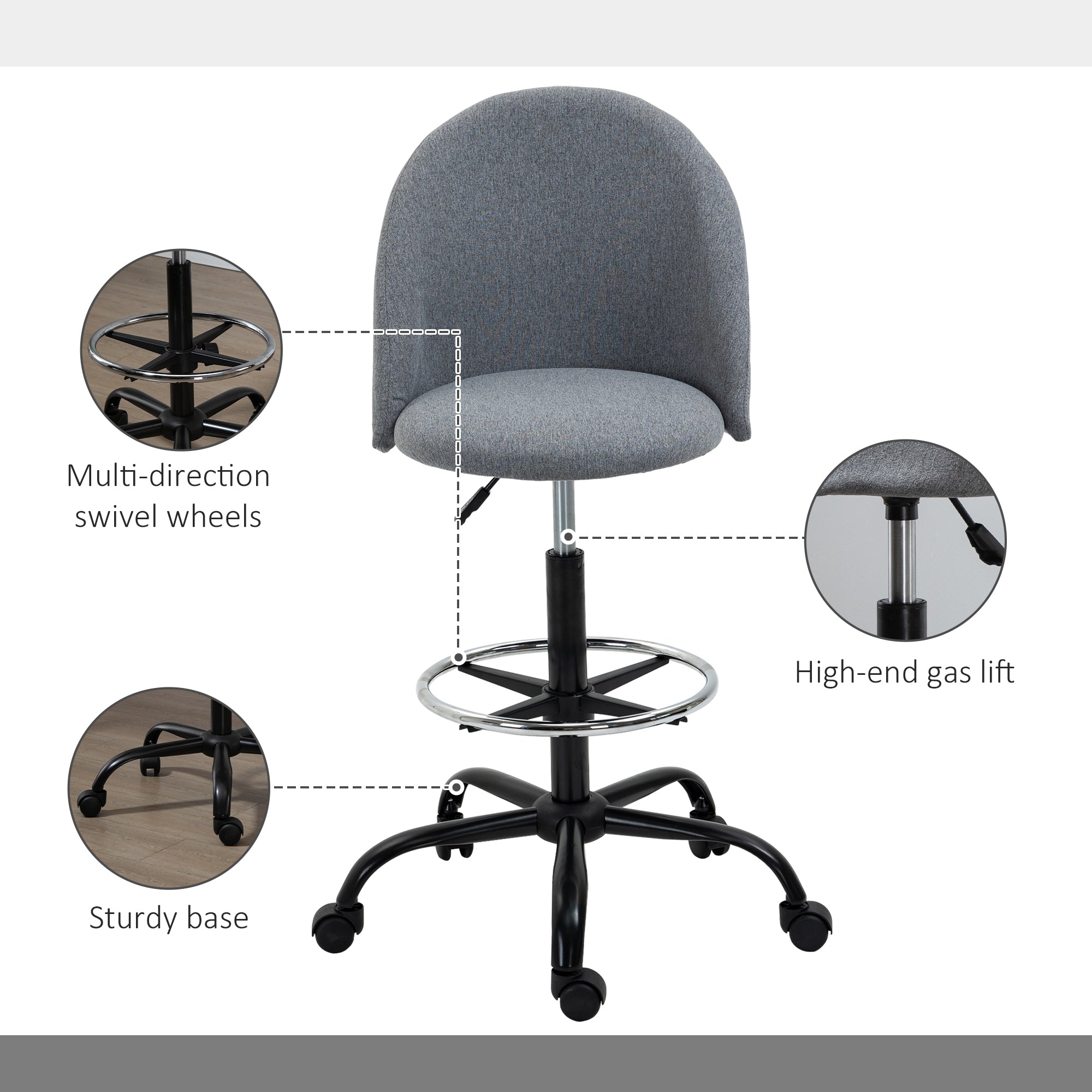 Vinsetto Ergonomic Drafting Chair with Adjustable Height, Padded Seat, Footrest, 360° Swivel, 5 Wheels for Home Office Comfort, Grey