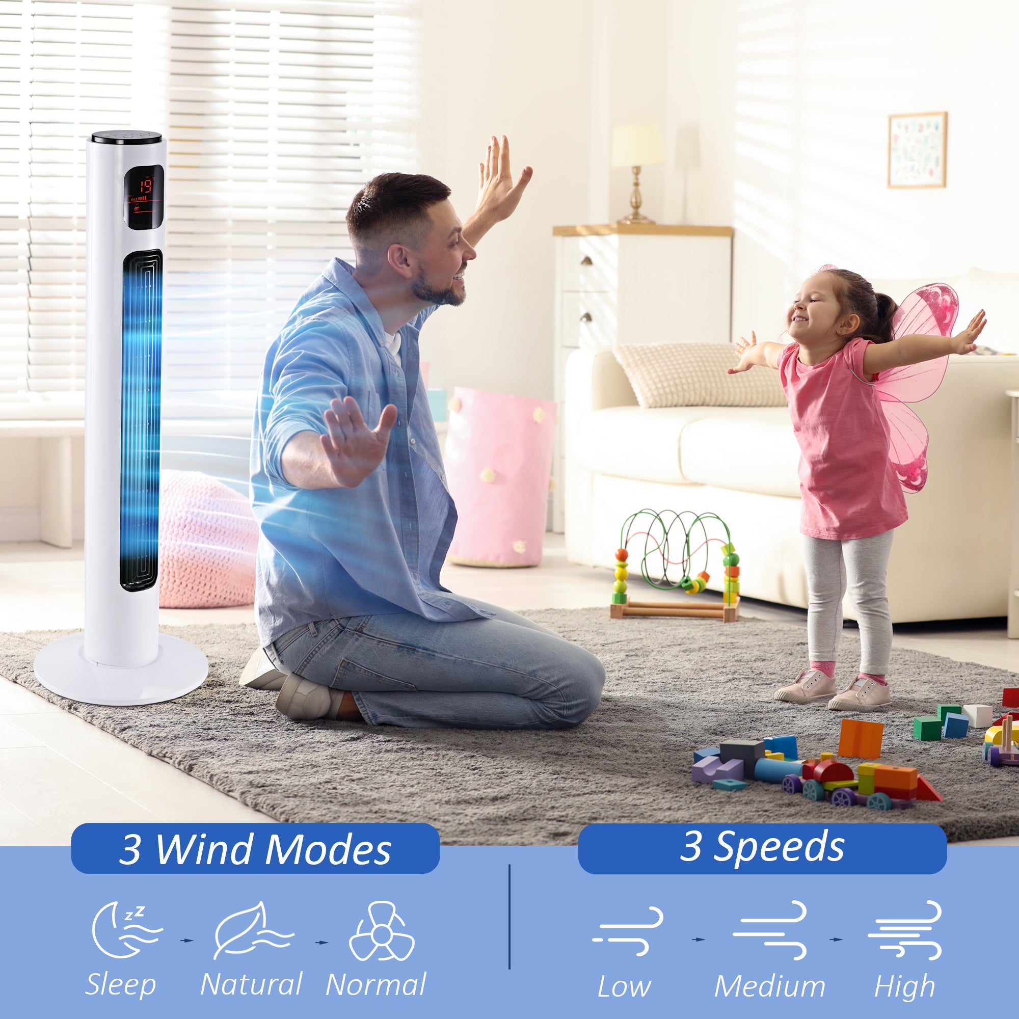 HOMCOM Freestanding 38'' Tower Fan with 3 Speeds, 3 Modes, 12h Timer, 70 Degree Oscillation, LED Panel, Remote Control, White