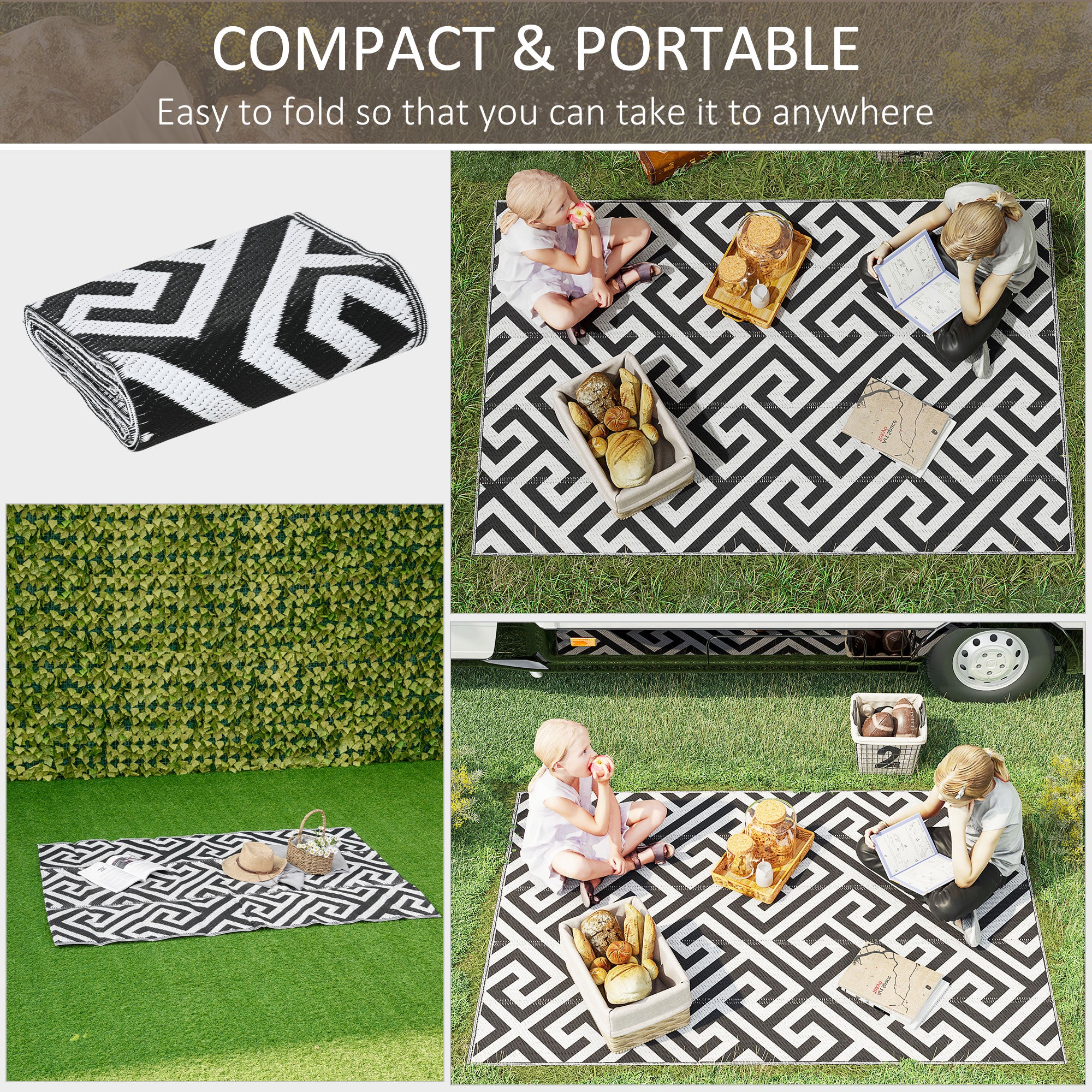 Kozy Outdoor Rug Reversible Mat Plastic Straw Rug Portable RV Camping Mat for Garden Deck Picnic Indoor, 121 x 182 cm (4 x 6 ft), Black & White