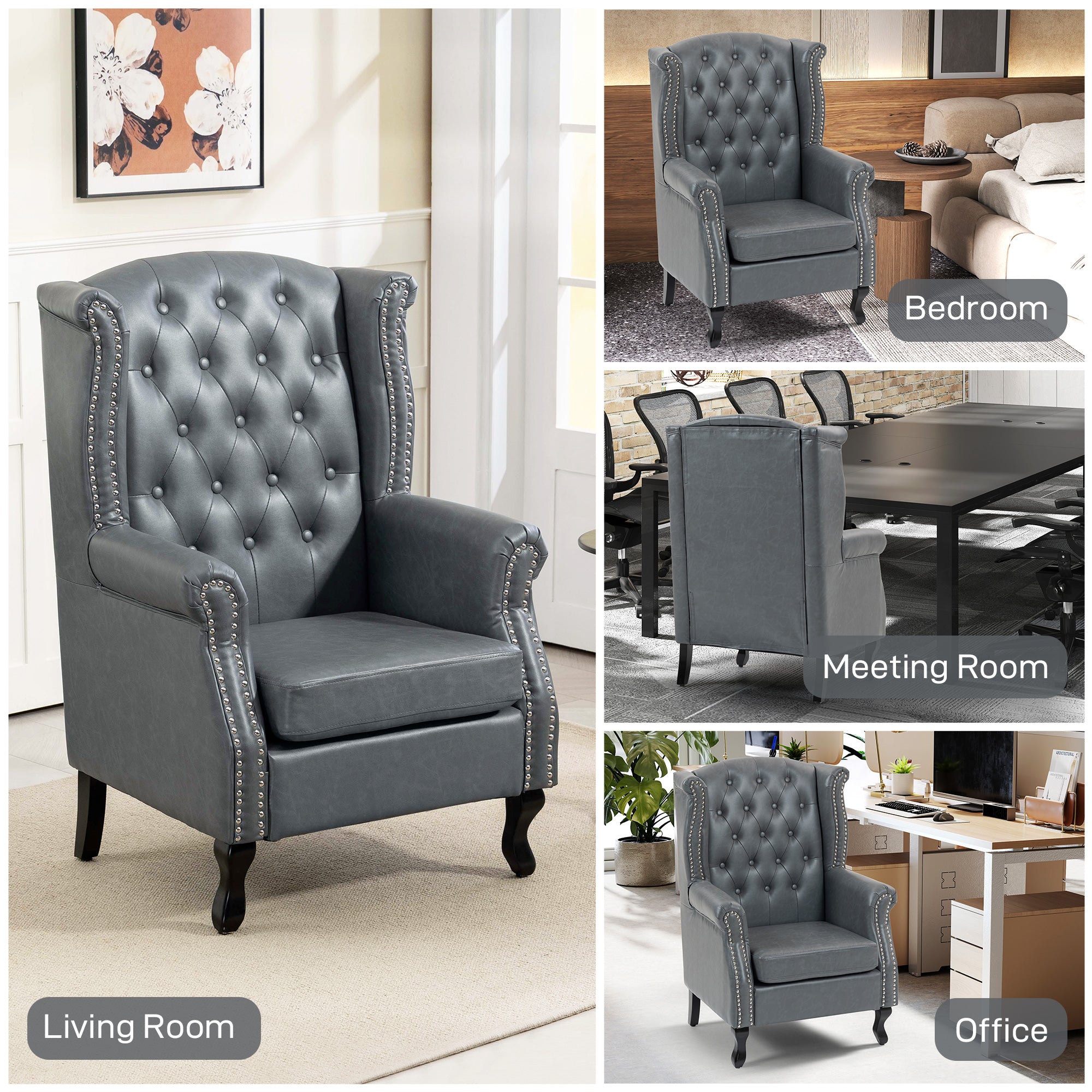 Kozy - Wingback Accent Chair Tufted Chesterfield-style Armchair with Nail Head Trim for Living Room Bedroom Grey