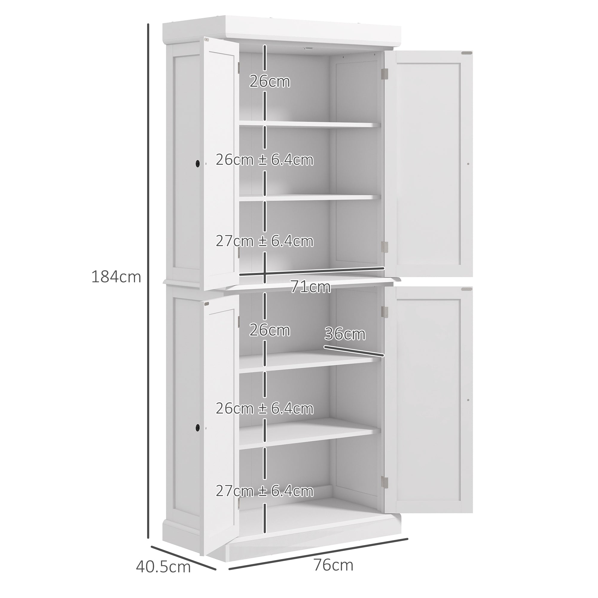 Kozy Freestanding Kitchen Cupboard with 4 Doors, Storage Cabinet with 6-Tier Shelving and 4 Adjustable Shelves, White