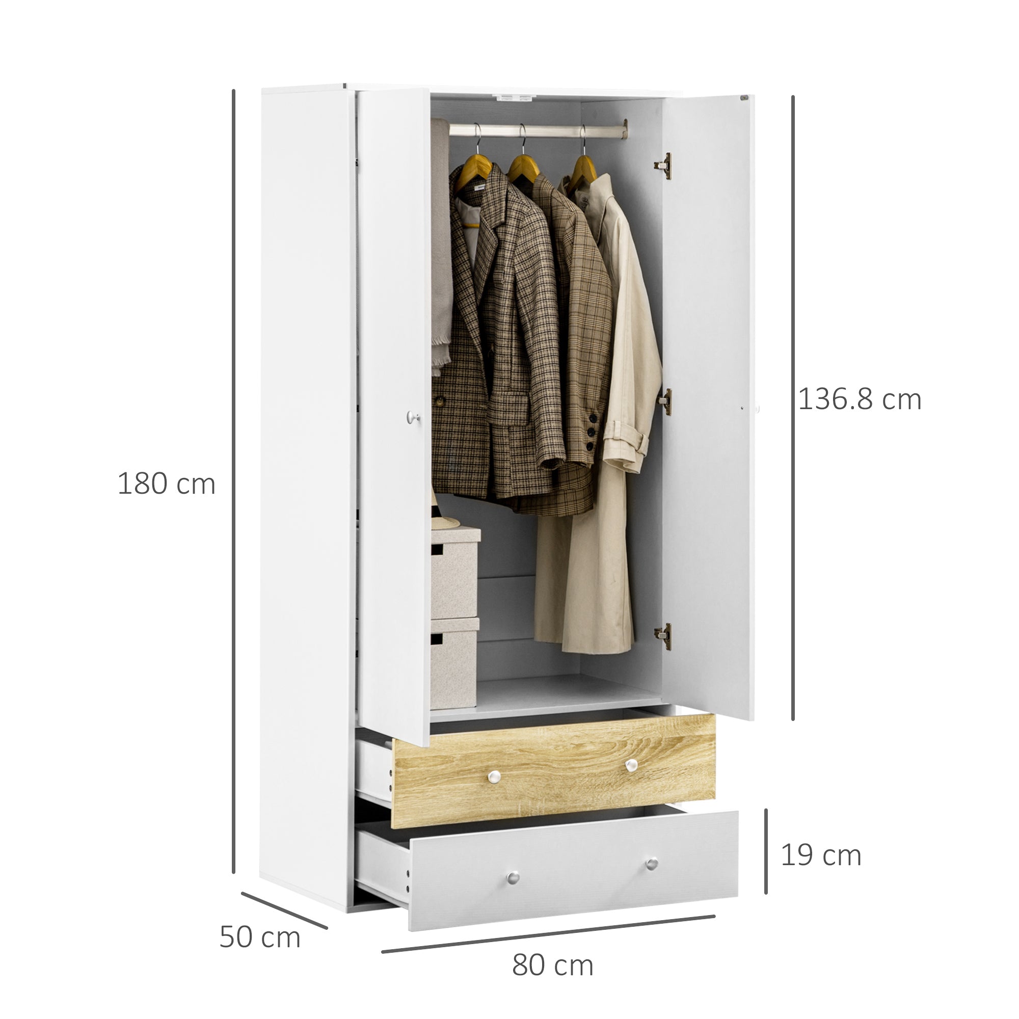 Kozy 2-Door Wardrobe with 2 Drawers, Hanging Rod and Anti-tipping Straps for Bedroom Clothes Storage Organisation, White