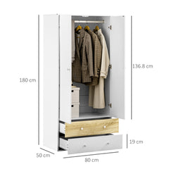 Kozy 2-Door Wardrobe with 2 Drawers, Hanging Rod and Anti-tipping Straps for Bedroom Clothes Storage Organisation, White