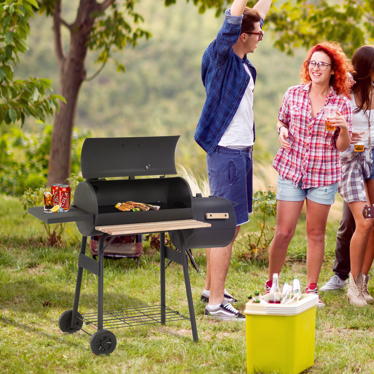 Outsunny Charcoal Barbecue Grill Garden Portable BBQ  Trolley w/ Offset Smoker Combo, Handy Shelves and On