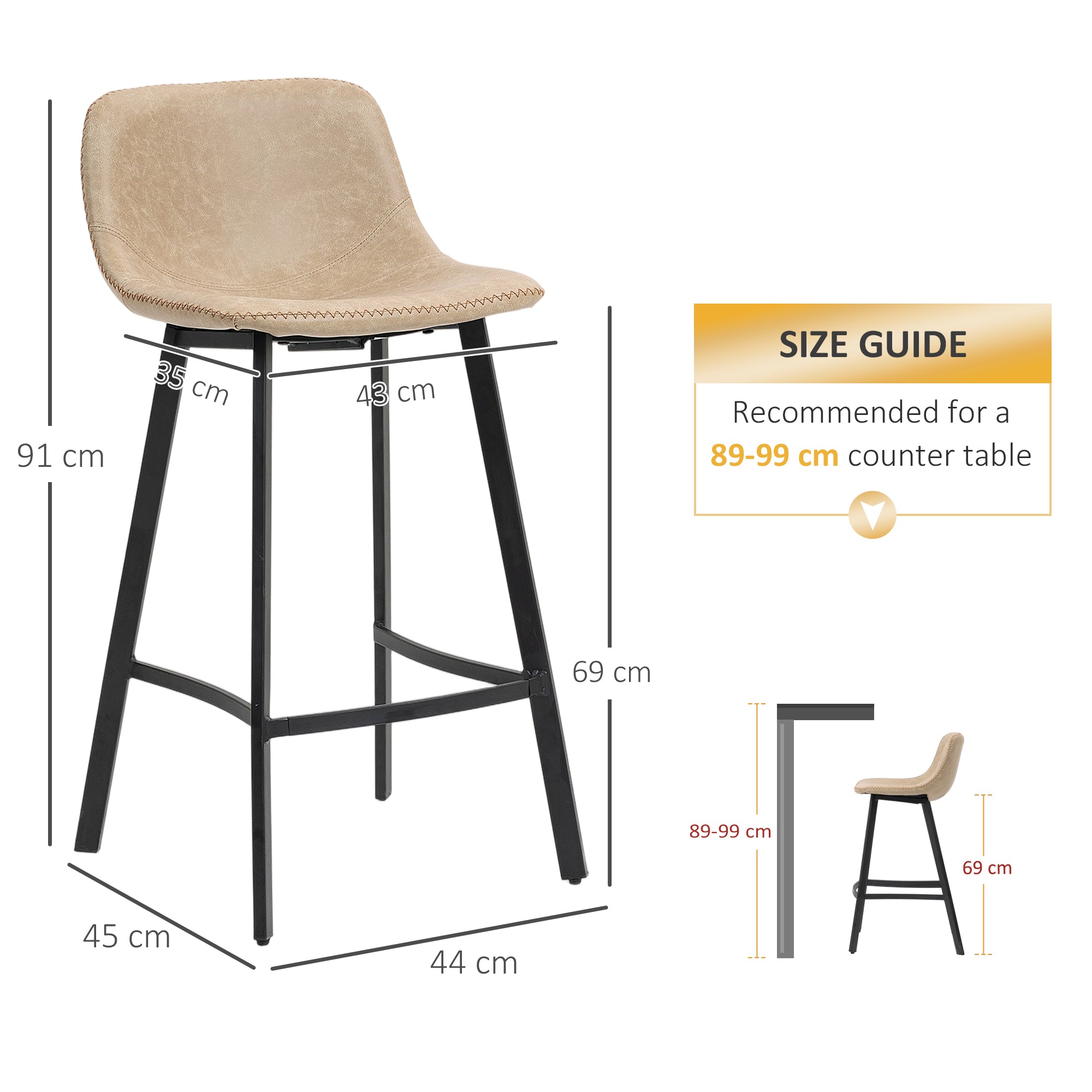 Kozy Bar Stools Set of 2, PU Leather Dining Stools with Backrest, Footrest, for Kitchen, Counter, Breakfast Bar, Light Brown