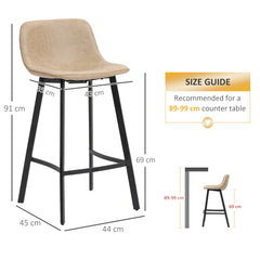 Kozy Bar Stools Set of 2, PU Leather Dining Stools with Backrest, Footrest, for Kitchen, Counter, Breakfast Bar, Light Brown