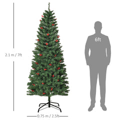 HOMCOM 7FT Prelit Artificial Pencil Christmas Tree with Warm White LED Light, Red Berry, Holiday Home Xmas Decoration, Green