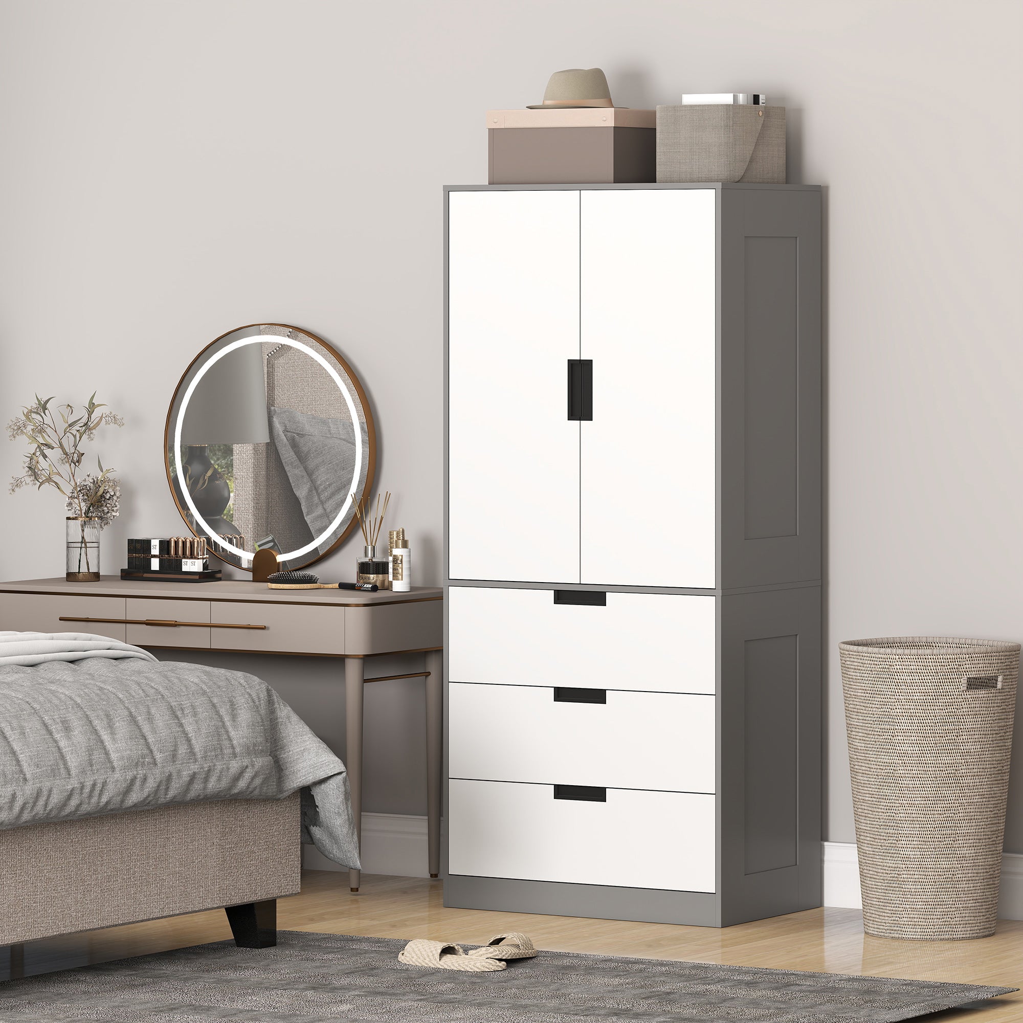 Two Door, Two Drawer Wardrobe - White/Brown