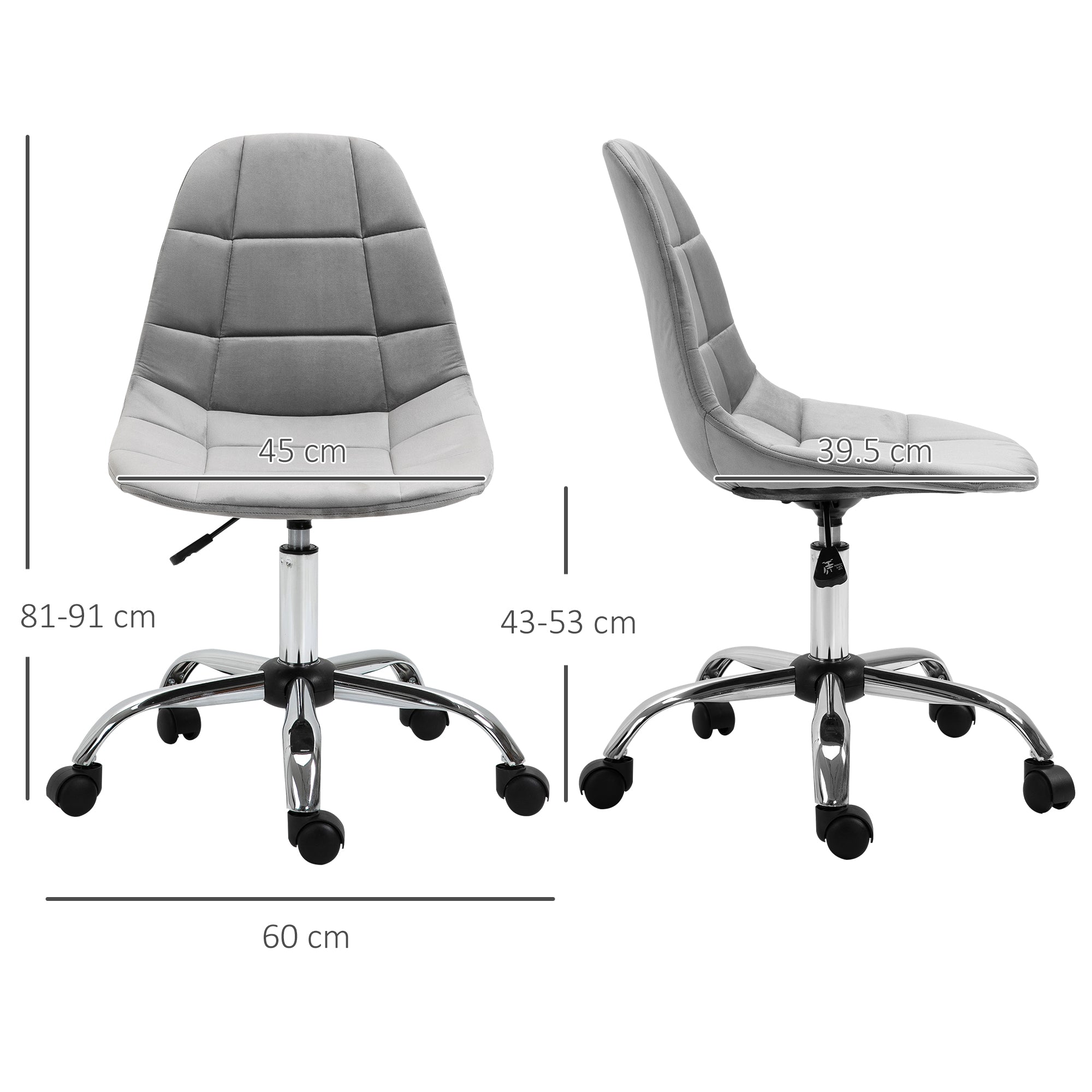 Kozy Ergonomic Office Chair with Adjustable Height and Wheels Velvet Executive Chair Armless for Home Study Bedroom Grey