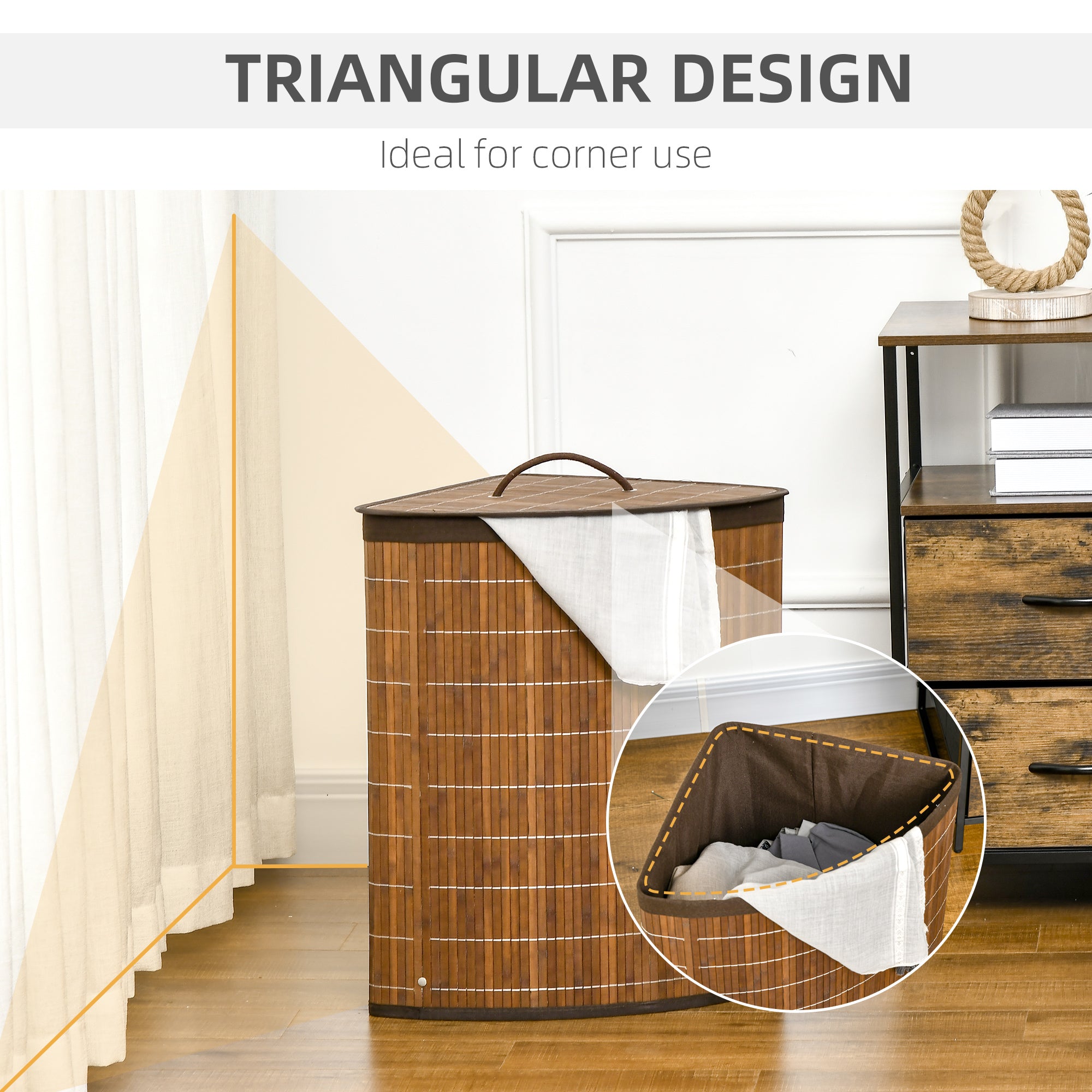 Bamboo Laundry Basket with Lid, 55 Litres Laundry Hamper with Removable Washable Lining, Corner Washing Baskets, 38 x 38 x 57cm, Brown