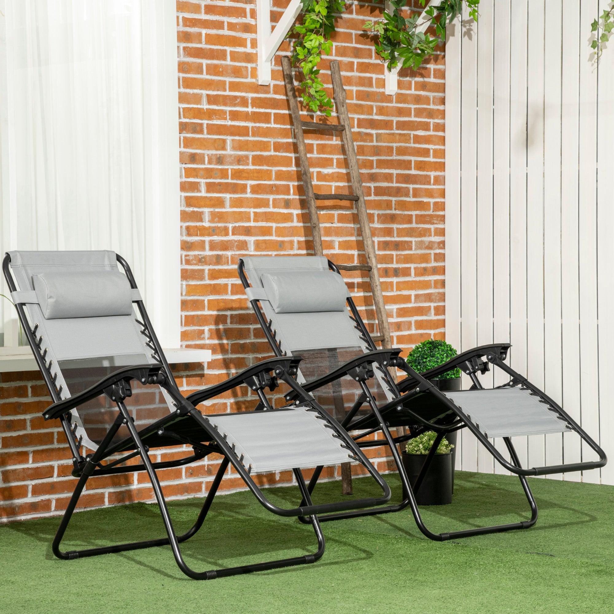 Kozy Garden Recliner Chairs Set of 2, Outdoor Foldable Zero Gravity Chairs Set w/ Footstool and Detachable Headrest, Grey