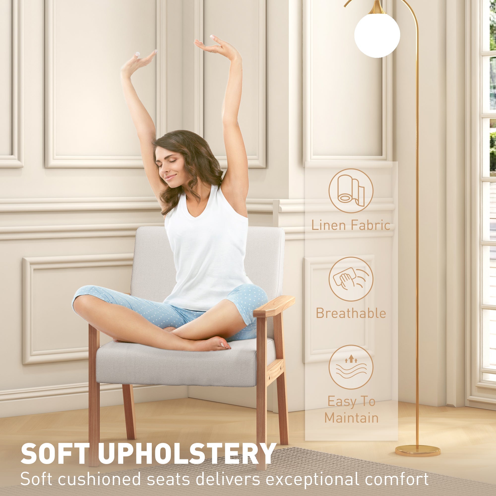 Accent Chair HOMCOM Occasional Chairs Wood Frame with Thick Linen Cushions Wide Seat Armchair Home Furniture Bedroom Office, Cream White | Aosom UK