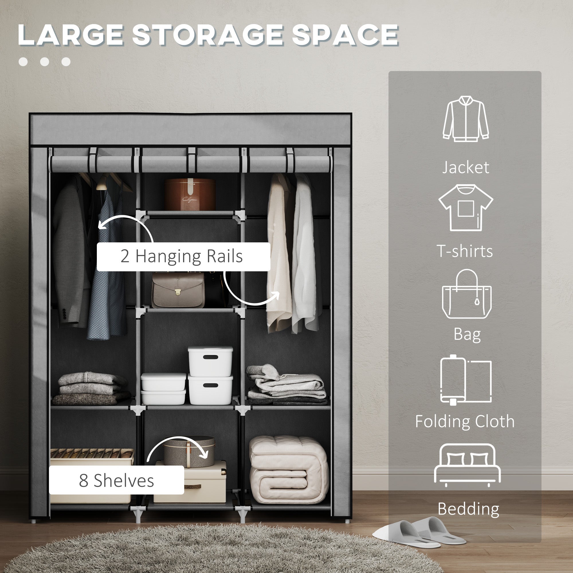 Kozy Fabric Wardrobe, with Rails and Shelves - Cream White