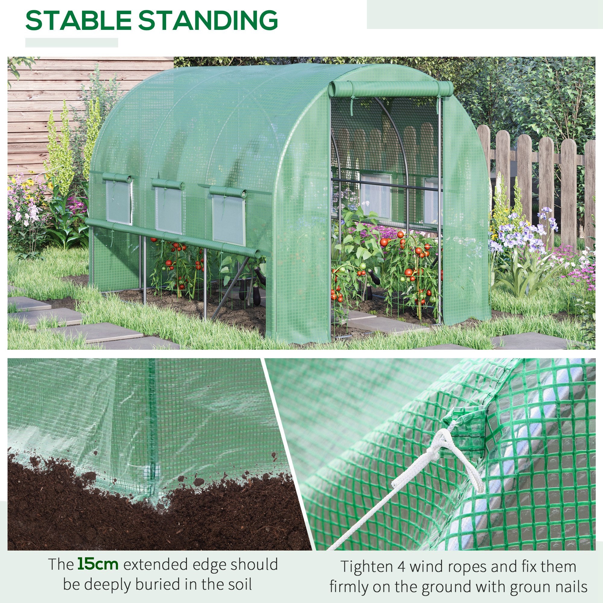 Kozy Walk-in Polytunnel Greenhouse Green House with Roll-up Sidewalls, UV-resistant PE Cover, 3 x 2 x 2m, White