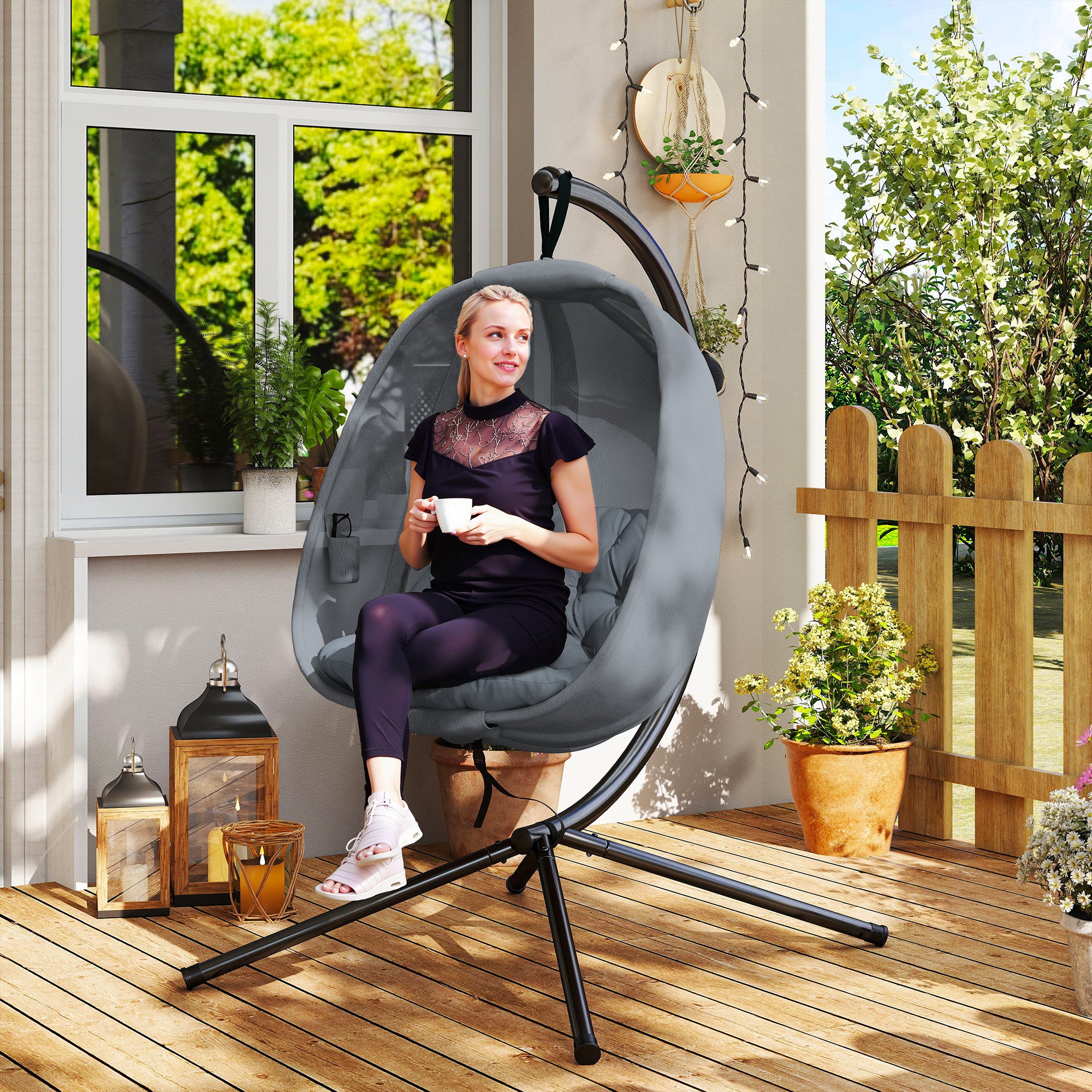 Kozy Hanging Egg Chair, Folding Texteline Swing Hammock with Side Pocket, Cushion and Stand for Indoor Outdoor, Patio Garden Furniture, Grey