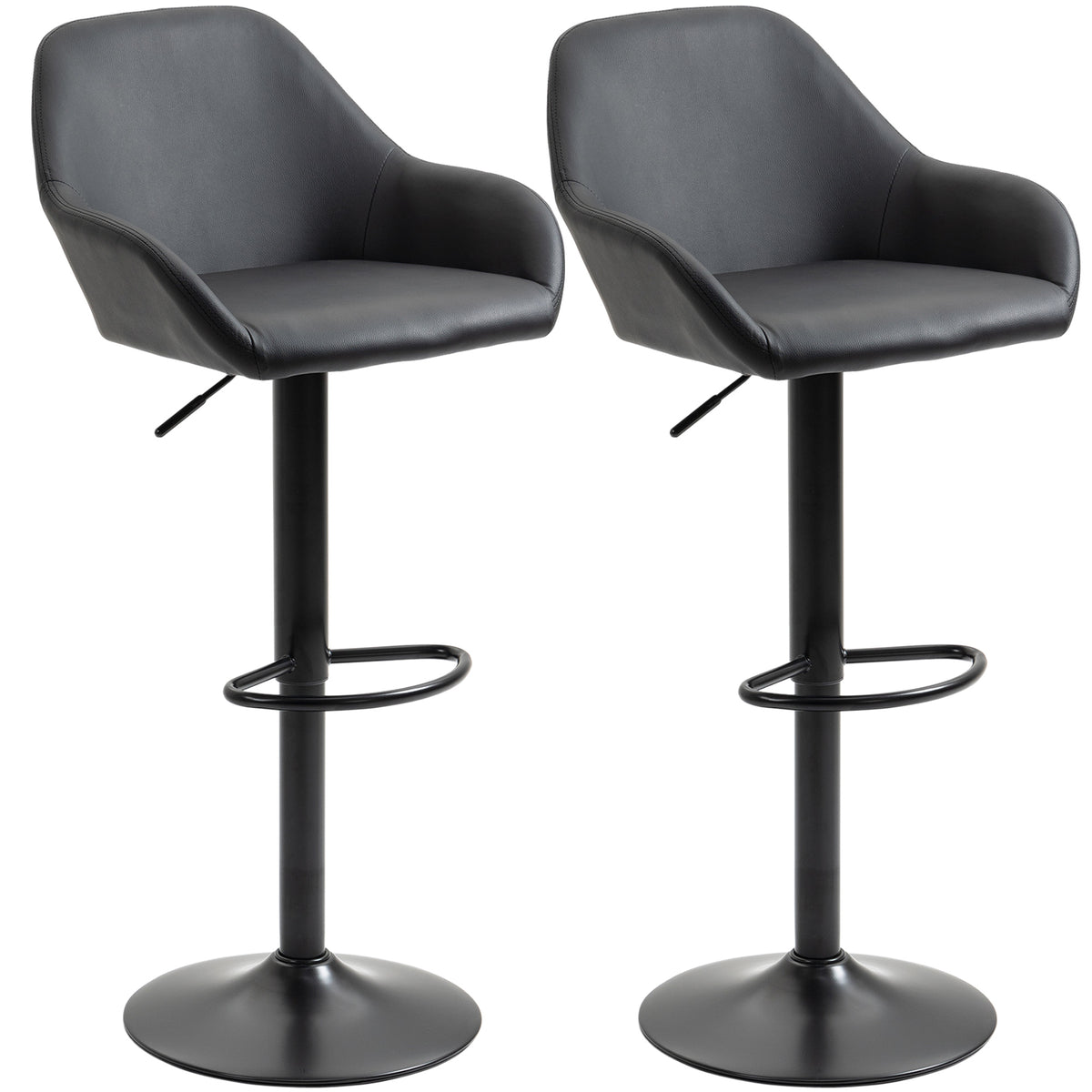 Kozy Bar Stools Set of 2, Height Adjustable Swivel Barstools, PU Leather Kitchen Stools with Backs, Armrests and Footrest for Home, Counter and Dining Room, Black