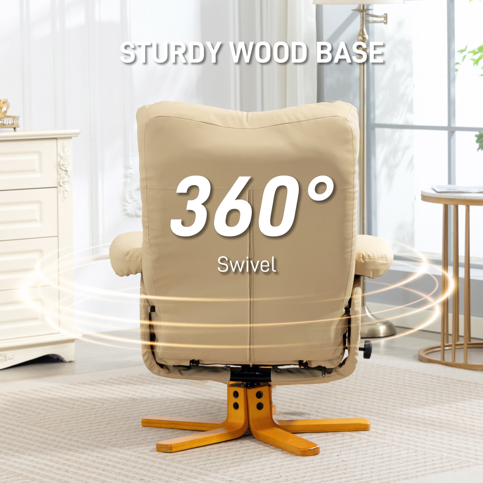 Kozy PU Leather Swivel Recliner Chair with Footstool, Wooden Base and Storage for Living Room, Beige