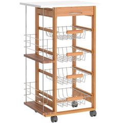 HOMCOM Rolling Kitchen Cart, Utility Storage Cart with 4 Basket Drawers & Side Racks, Wheels for Dining Room, Brown | Aosom UK