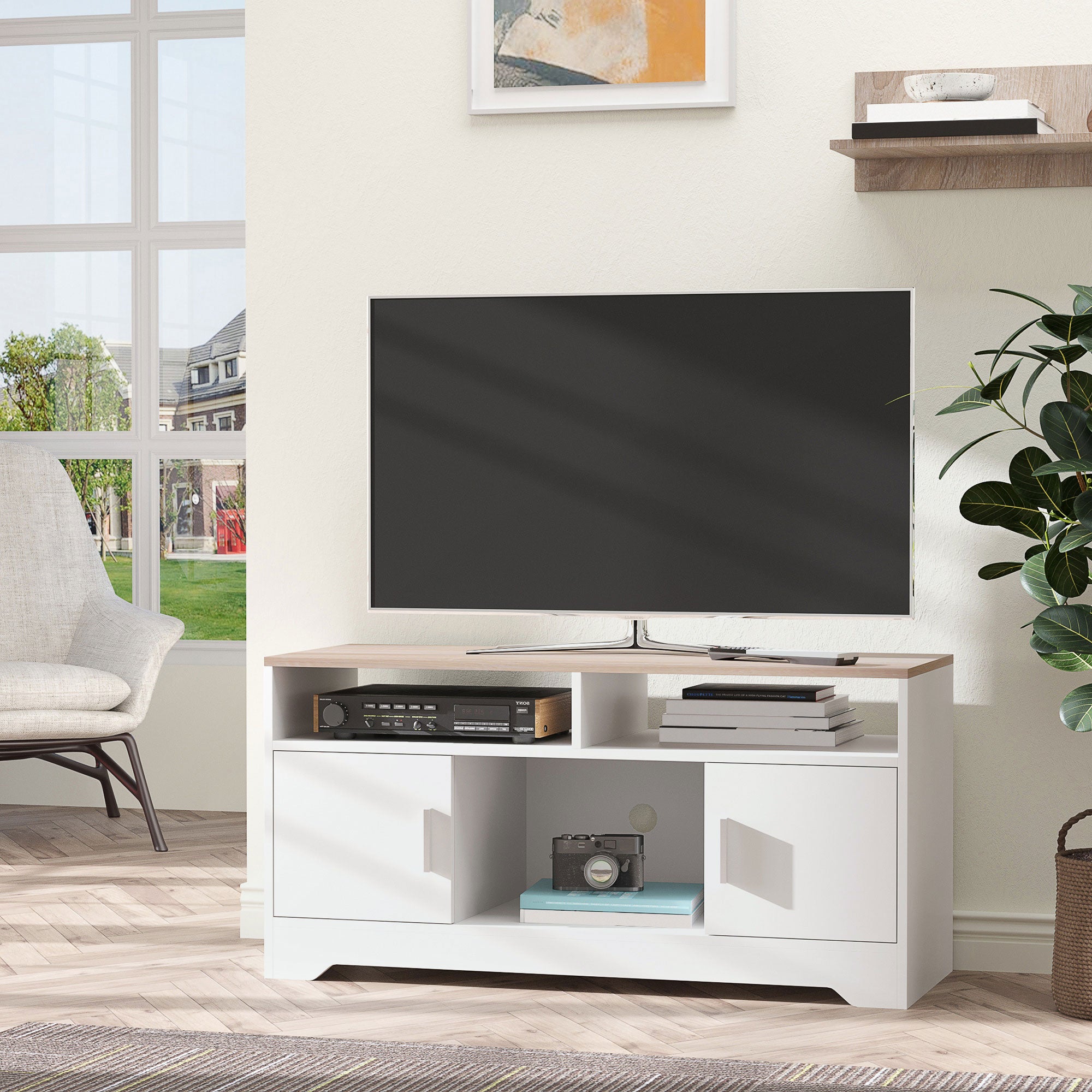 Kozy TV Stand Cabinet up to 50", Modern TV Unit with Storage, Open Shelves and Cable Management for Living Room, Bedroom, White