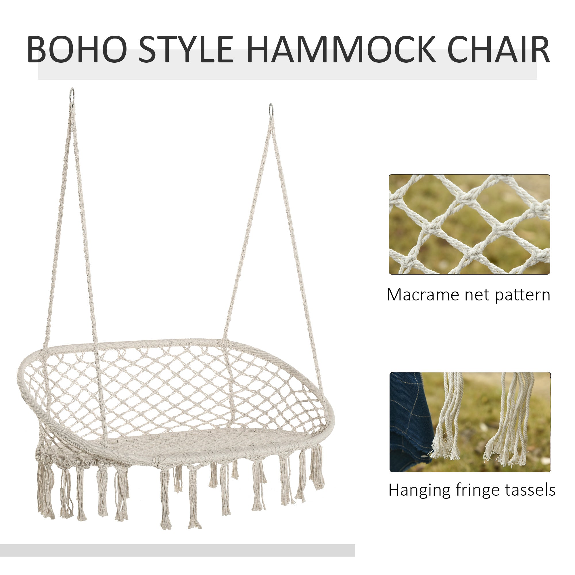 Kozy Hanging Hammock Chair Cotton Rope Porch Swing with Metal Frame, Large Macrame Seat for Patio, Garden, Bedroom, Living Room, Cream White