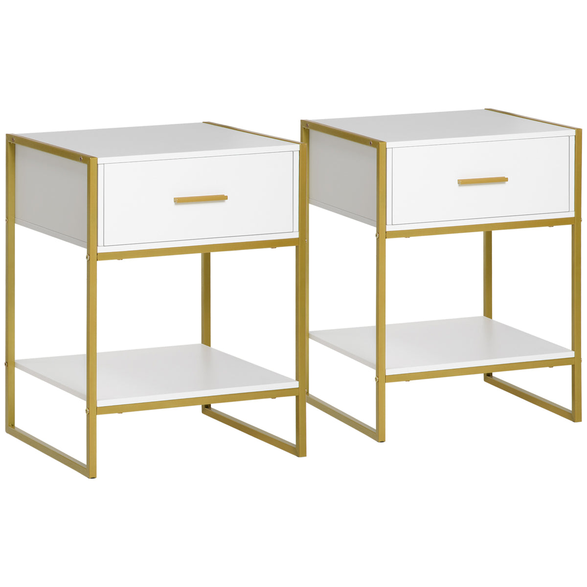 Kozy Set of Two Elegant Bedside Tables - White/Gold-Tone