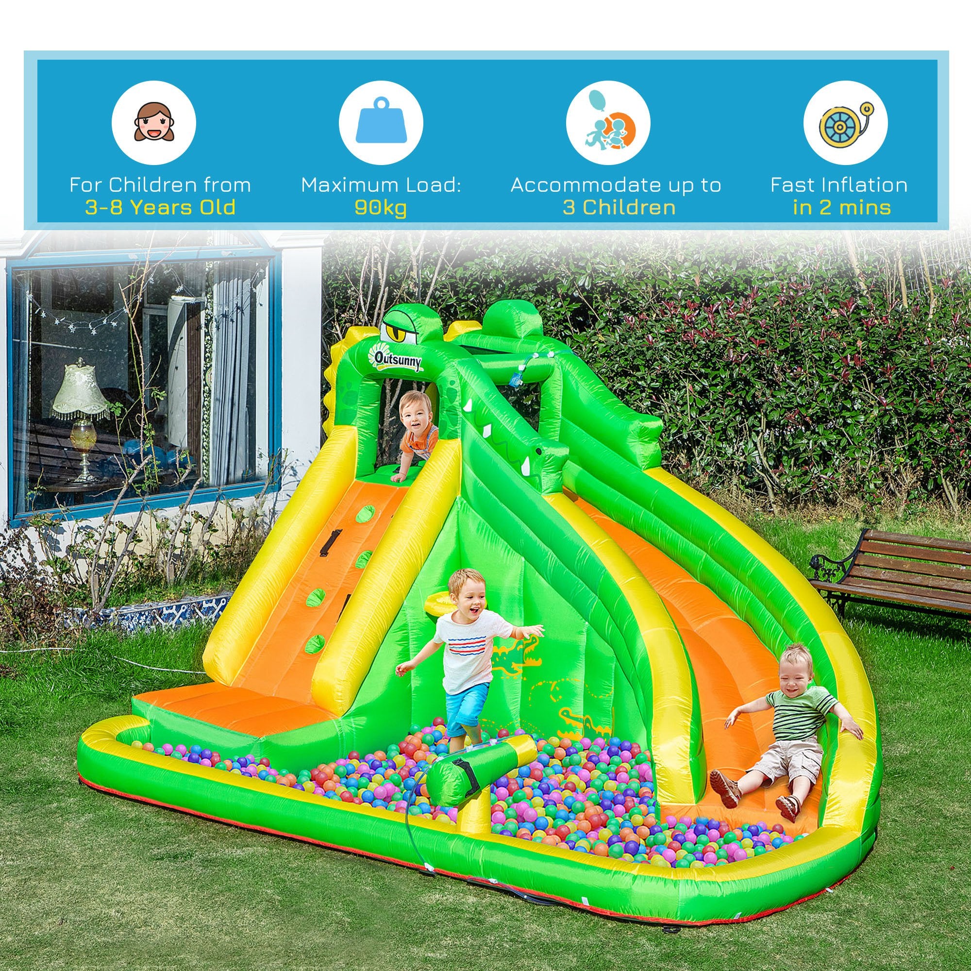 Kozy 5 in 1 Kids Bouncy Castle Large Crocodile Style Inflatable House Slide Basket Water Pool Gun Climbing Wall with Blower Carrybag for Kids Age 3-8, 3.85 x 2.85 x 2.25m