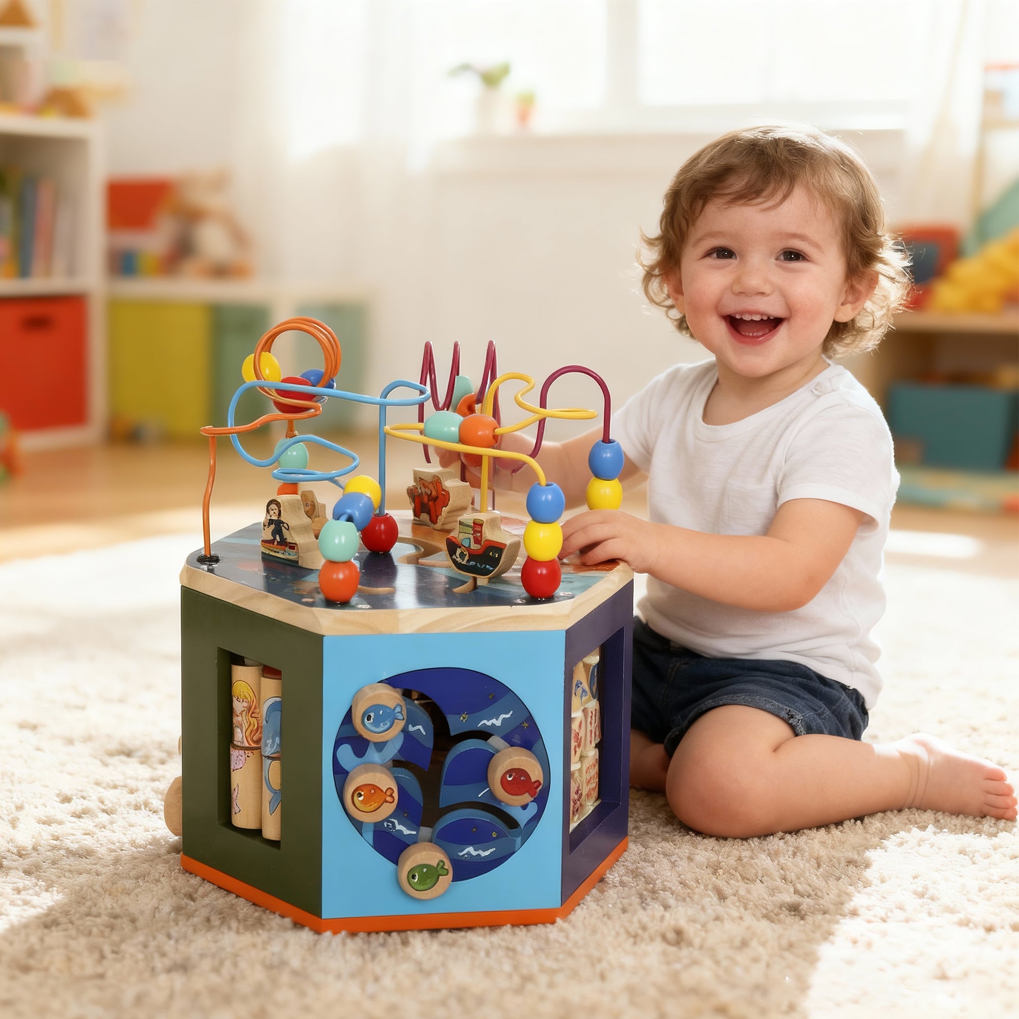 Kozy Wooden Activity Cube, Baby Toys with Bead Maze, Pattern Sorter for Toddlers Boys and Girls 18+ Months