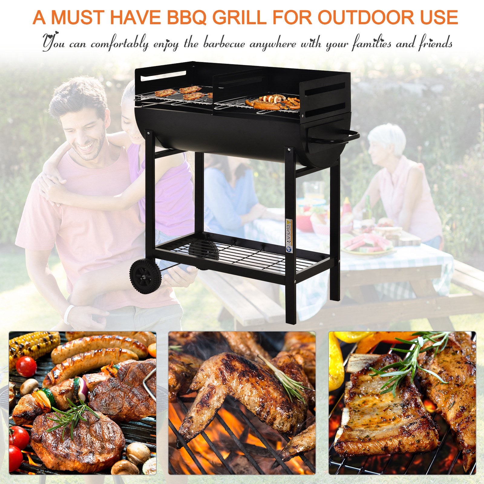 Outsunny Charcoal Barbecue Grill Garden BBQ Trolley w/ Dual Grill, Adjustable Grill Nets, Heat