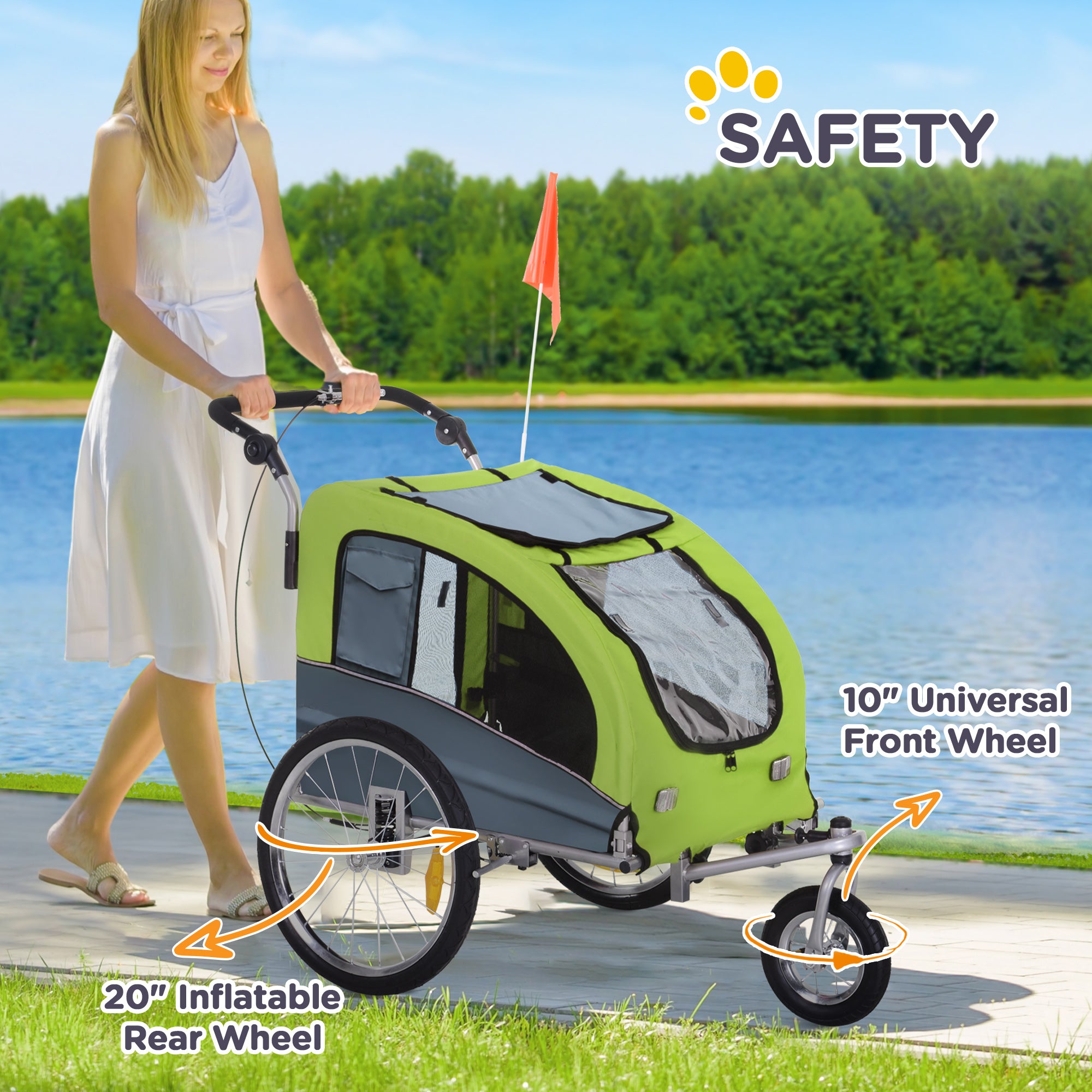 Kozy Dog Bike Trailer Pet Stroller Cart Carrier for Bicycle 360° Rotatable with Reflectors 3 Wheels Hitch Coupler Push/ Pull/ Brake Water Resistant Green