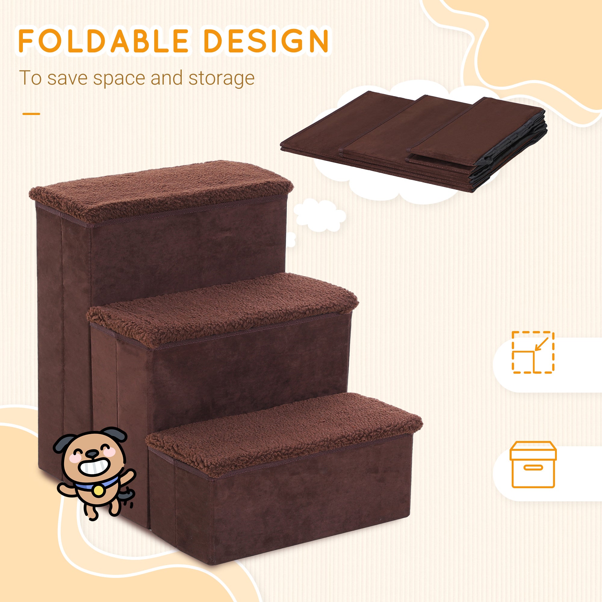 PawHut 3 Step Pet Stairs Foldable Portable Mobility Assistance w/ Washable Fleece Cover 41x19cm Brown